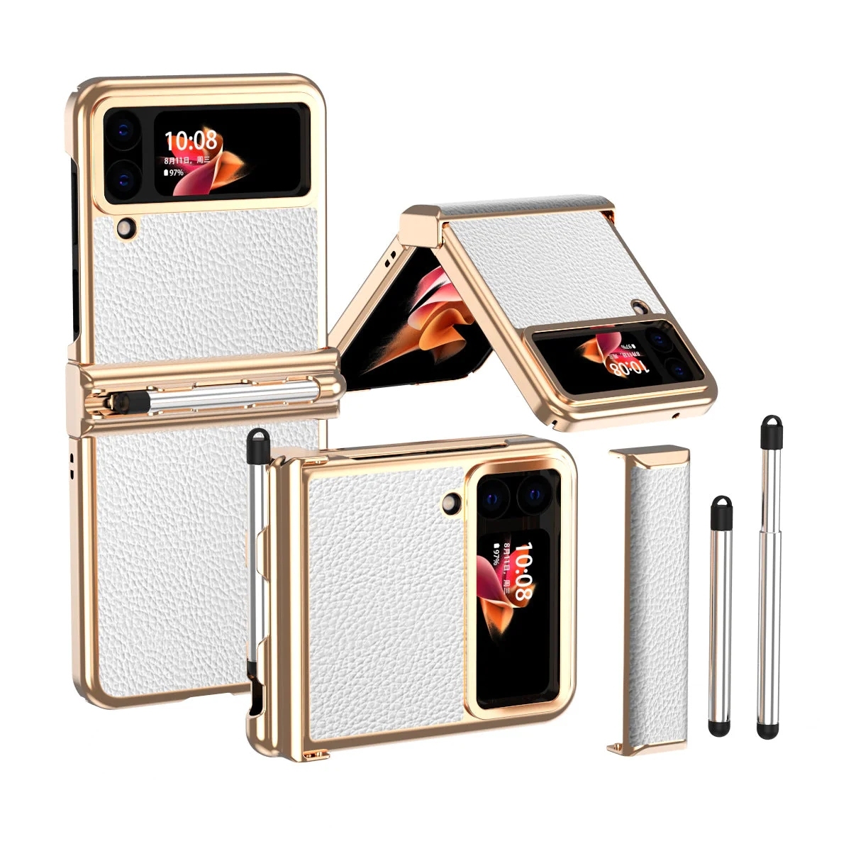 Luxury Leather Case For Samsung Galaxy Z Flip3(4) With Double Hinge + Retractable Stylus