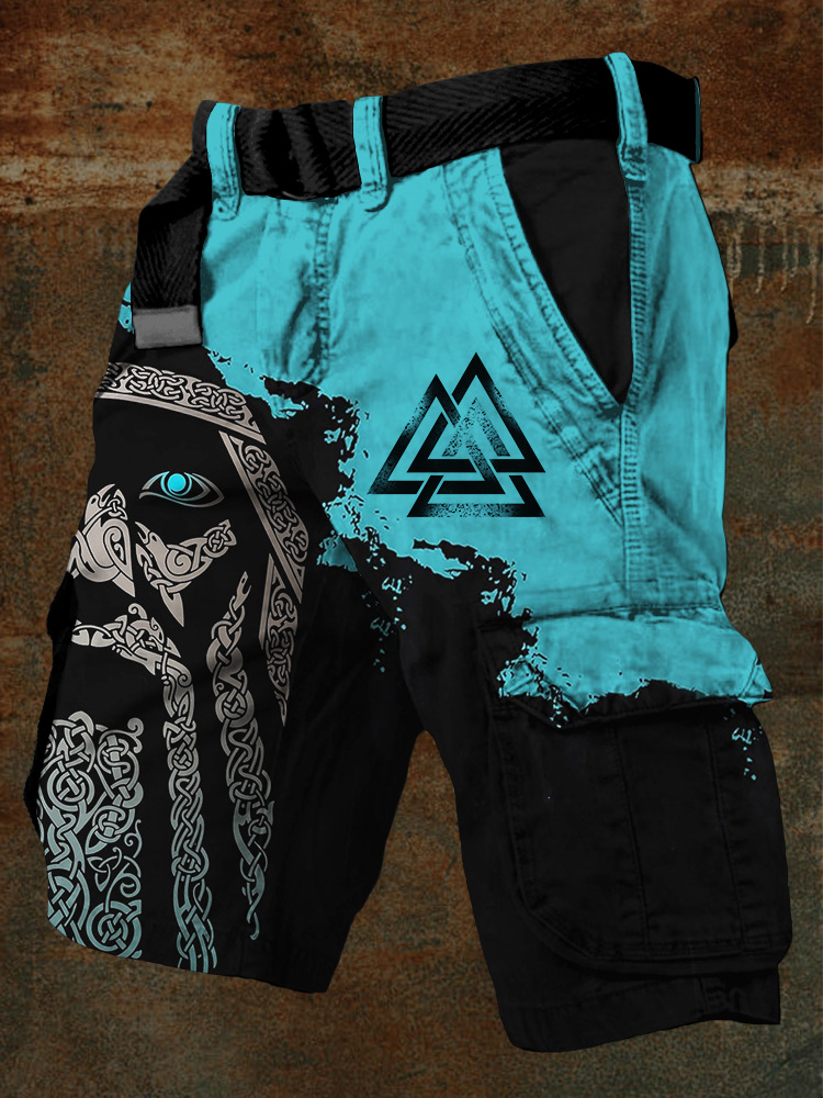 Pantaloni scurți cargo retro pentru bărbați cu design totem viking