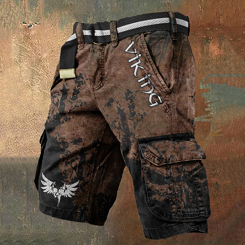 Pantaloni scurți cargo retro pentru bărbați cu design totem viking