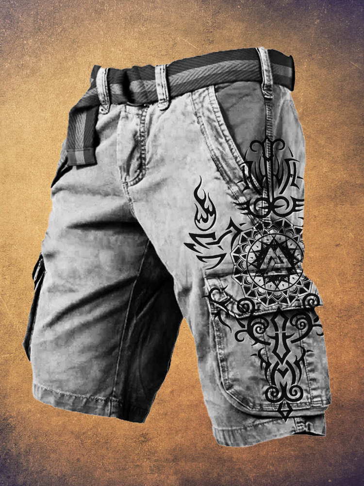 Pantaloni scurți cargo retro pentru bărbați cu design totem viking