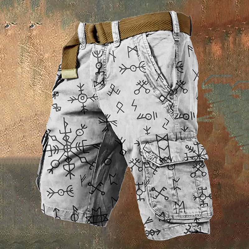 Pantaloni scurți cargo retro pentru bărbați cu design totem viking