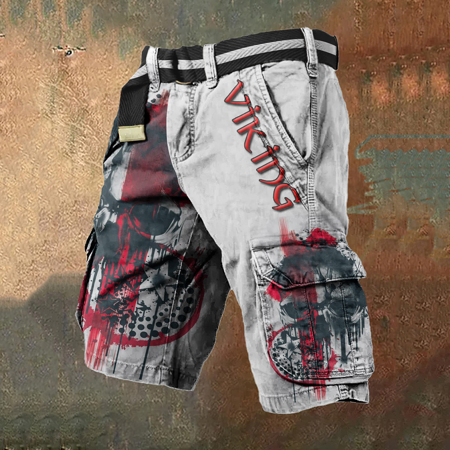 Pantaloni scurți cargo retro pentru bărbați cu design totem viking