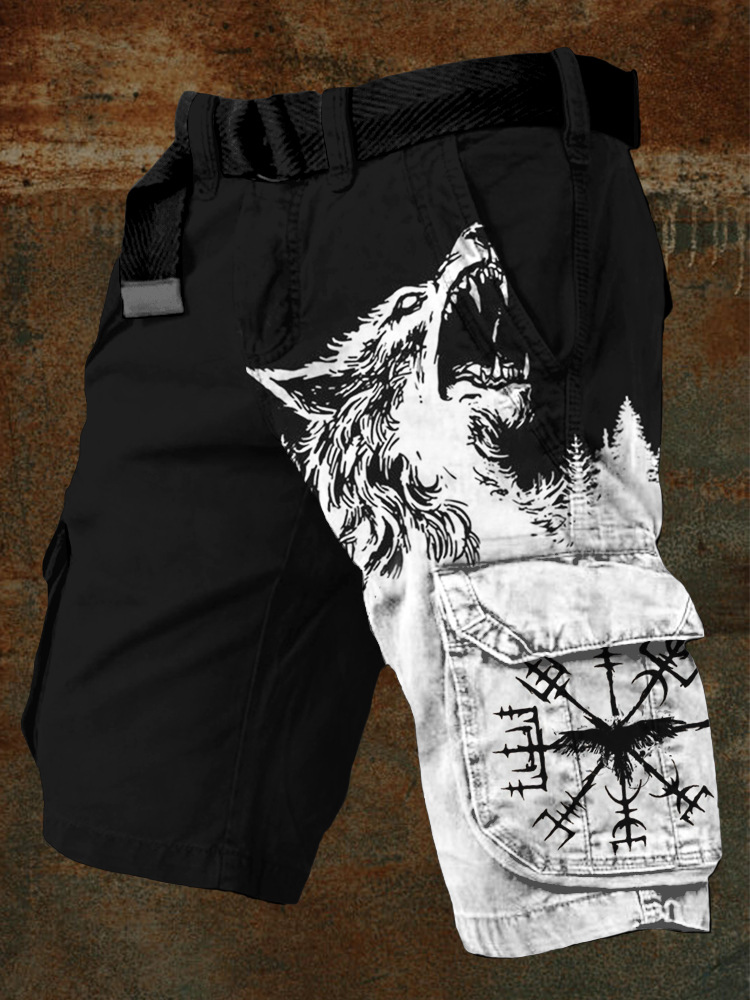 Pantaloni scurți cargo retro pentru bărbați cu design totem viking