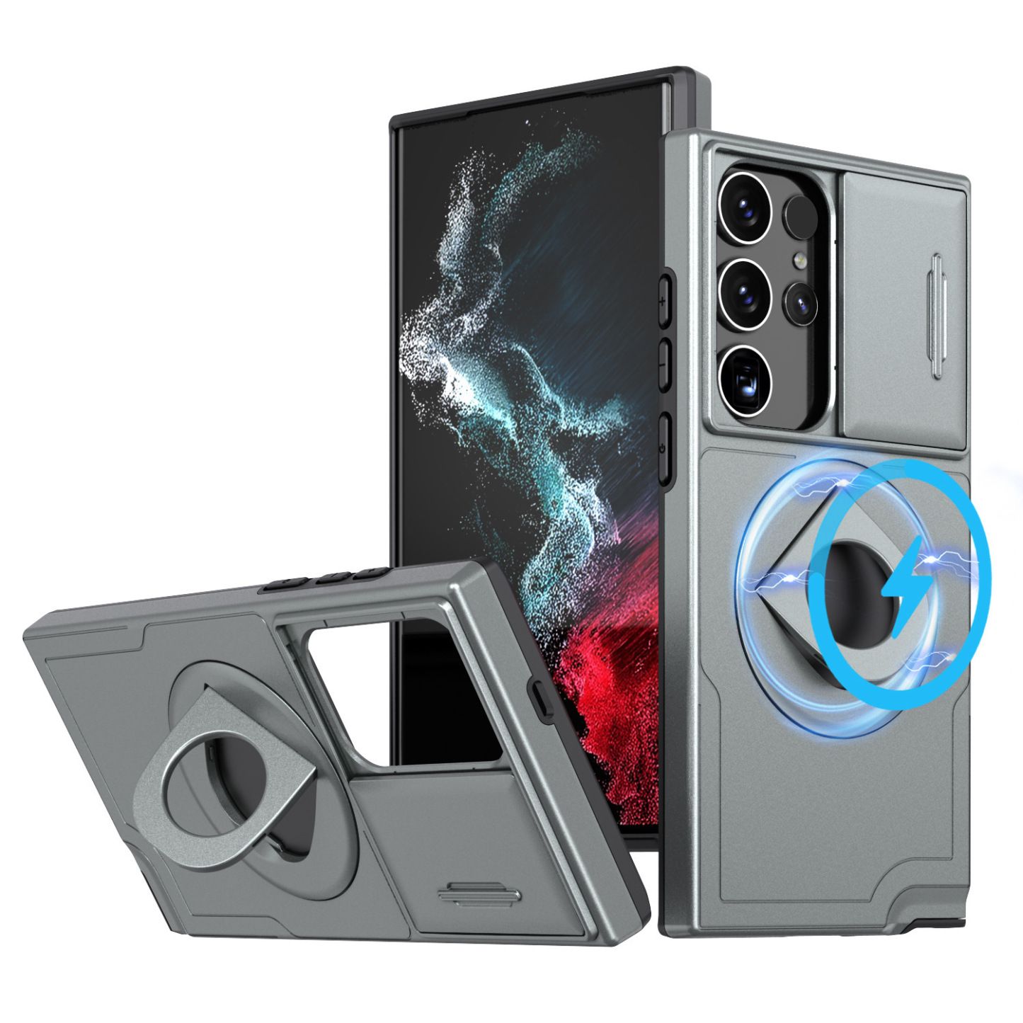 Samsung Magsafe Series |. Сгъваем магнитен метален защитен калъф, плъзгащ се пръстен за прозорец 2 в 1, въртяща се стойка, поддържа безжично зареждане.