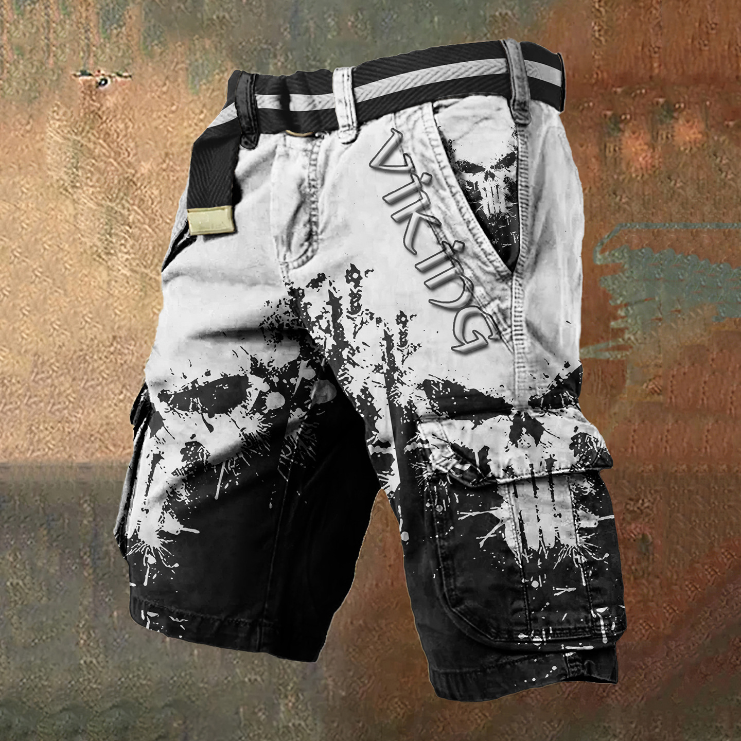 Pantaloni scurți cargo retro pentru bărbați cu design totem viking