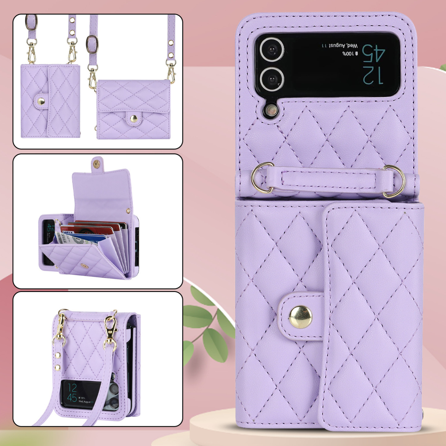 Husa De Telefon De Lux Cu Suport Card De Piele Cu Lant Pentru Samsung Galaxy Z Flip3 Flip4 5G
