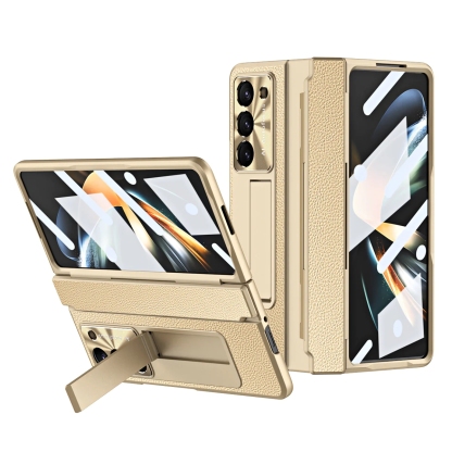 Luxury Leather Magnetic Bracket Shell Electroplated Phone Case For Samsung Galaxy Z Fold3/4/5 With Back Screen Glass