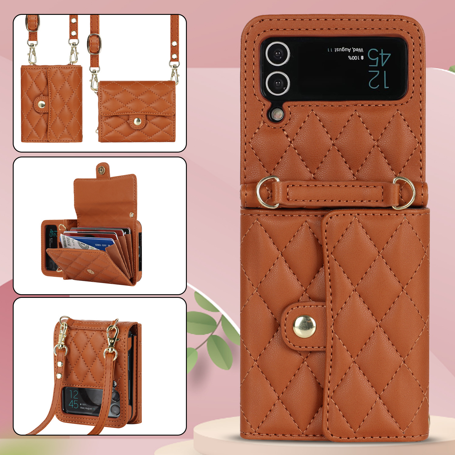 Husa De Telefon De Lux Cu Suport Card De Piele Cu Lant Pentru Samsung Galaxy Z Flip3 Flip4 5G