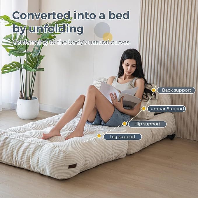 MAXYOYO Folding Sofa Bed, Convertible Sleeper Chair with Pillow Foldable Mattress with Back Support, Portable Fold Out Chair Bed Comfy Floor Sofa Lounge for Living Room Bedroom, Beige, Single