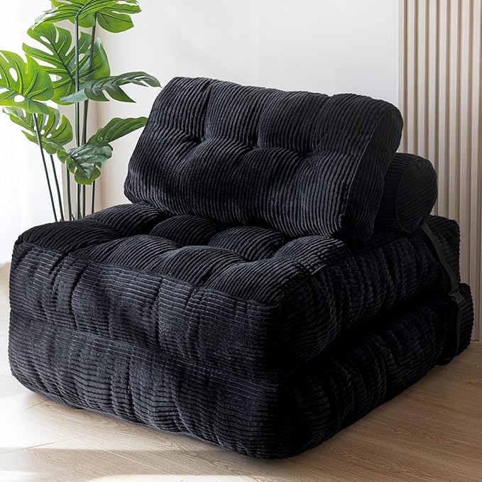 MAXYOYO Folding Sofa Bed, Convertible Sleeper Chair with Pillow Foldable Mattress with Back Support, Portable Fold Out Chair Bed Comfy Floor Sofa Lounge for Living Room Bedroom, Beige, Single