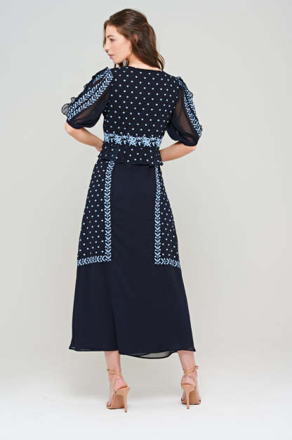 Navy Embroidered Button Through Maxi Dress