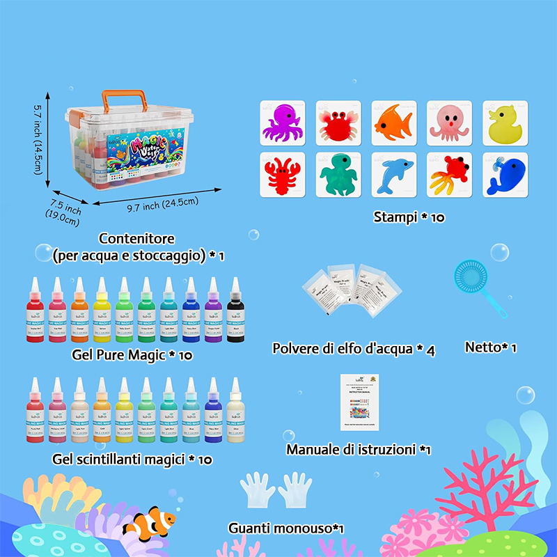 Kit per creare creature acquatiche magiche – Squishies per bambini, 20 gel e 10 stampi, giocattolo sensoriale con animali acquatici in gel magico, divertente kit creativo fai da te.