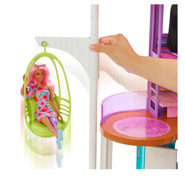 Barbie casa di malibu (106 cm) playset casa delle bambole con 2 piani, 6 stanze, ascensore, altalena e +30 accessori, giocattolo per bambini 3+ anni
