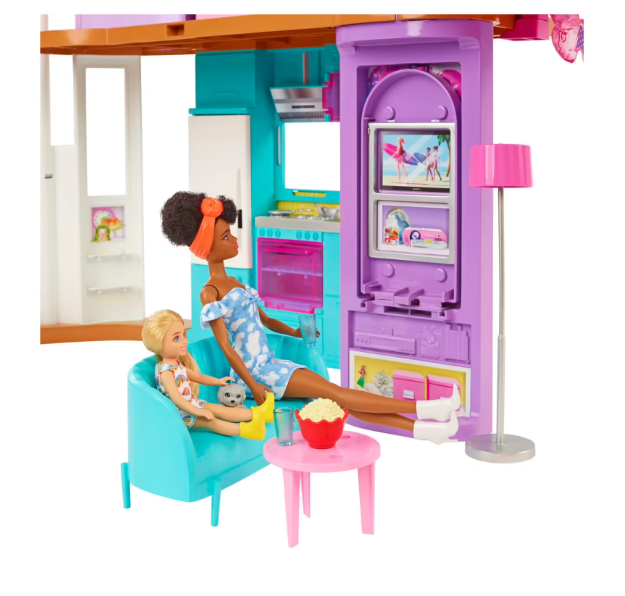 Barbie casa di malibu (106 cm) playset casa delle bambole con 2 piani, 6 stanze, ascensore, altalena e +30 accessori, giocattolo per bambini 3+ anni