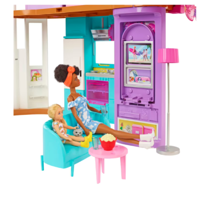 Barbie casa di malibu (106 cm) playset casa delle bambole con 2 piani, 6 stanze, ascensore, altalena e +30 accessori, giocattolo per bambini 3+ anni