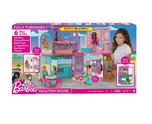 Barbie casa di malibu (106 cm) playset casa delle bambole con 2 piani, 6 stanze, ascensore, altalena e +30 accessori, giocattolo per bambini 3+ anni