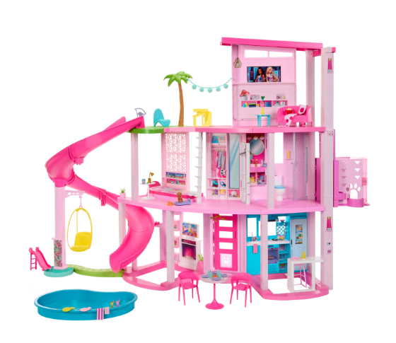 Barbie – casa dei sogni di barbie, playset casa delle bambole con piscina, scivolo a 3 piani, ascensore e aree di gioco per cuccioli, 75+ accessori, 3+ anni, hmx10