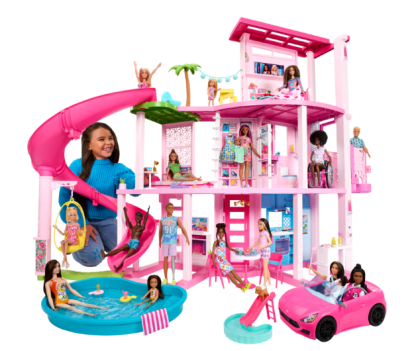 Barbie – casa dei sogni di barbie, playset casa delle bambole con piscina, scivolo a 3 piani, ascensore e aree di gioco per cuccioli, 75+ accessori, 3+ anni, hmx10