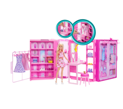 Barbie – armadio dei sogni, set con bambola bionda alla moda, 25 vestiti e accessori, 3 look completi inclusi