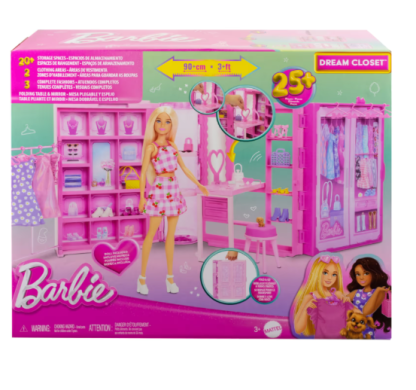 Barbie – armadio dei sogni, set con bambola bionda alla moda, 25 vestiti e accessori, 3 look completi inclusi