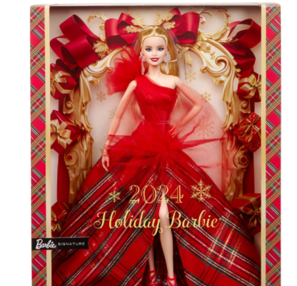 Barbie signature – barbie magia delle feste 2024, bambola bionda con abito e gonna a quadri, confezione da esporre, regalo per le feste