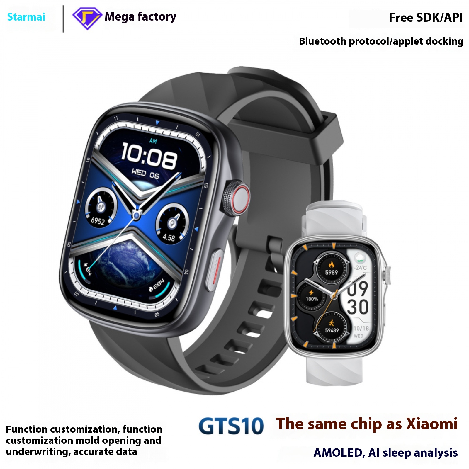 GTS10 Smart Watch AI Sleep Analysis Sports Watch Heart Rate Blood Oxygen Smart Bracelet AMOLED
