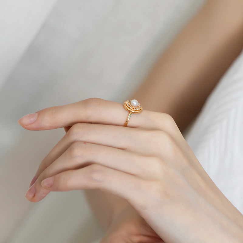 Natural Pearl Court Wind Zircon Sterling Silver Plated 18K Gold Adjustable Ring