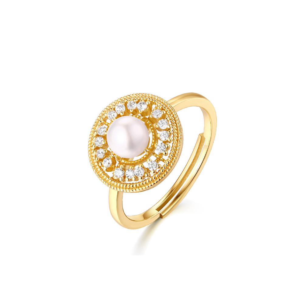 Natural Pearl Court Wind Zircon Sterling Silver Plated 18K Gold Adjustable Ring