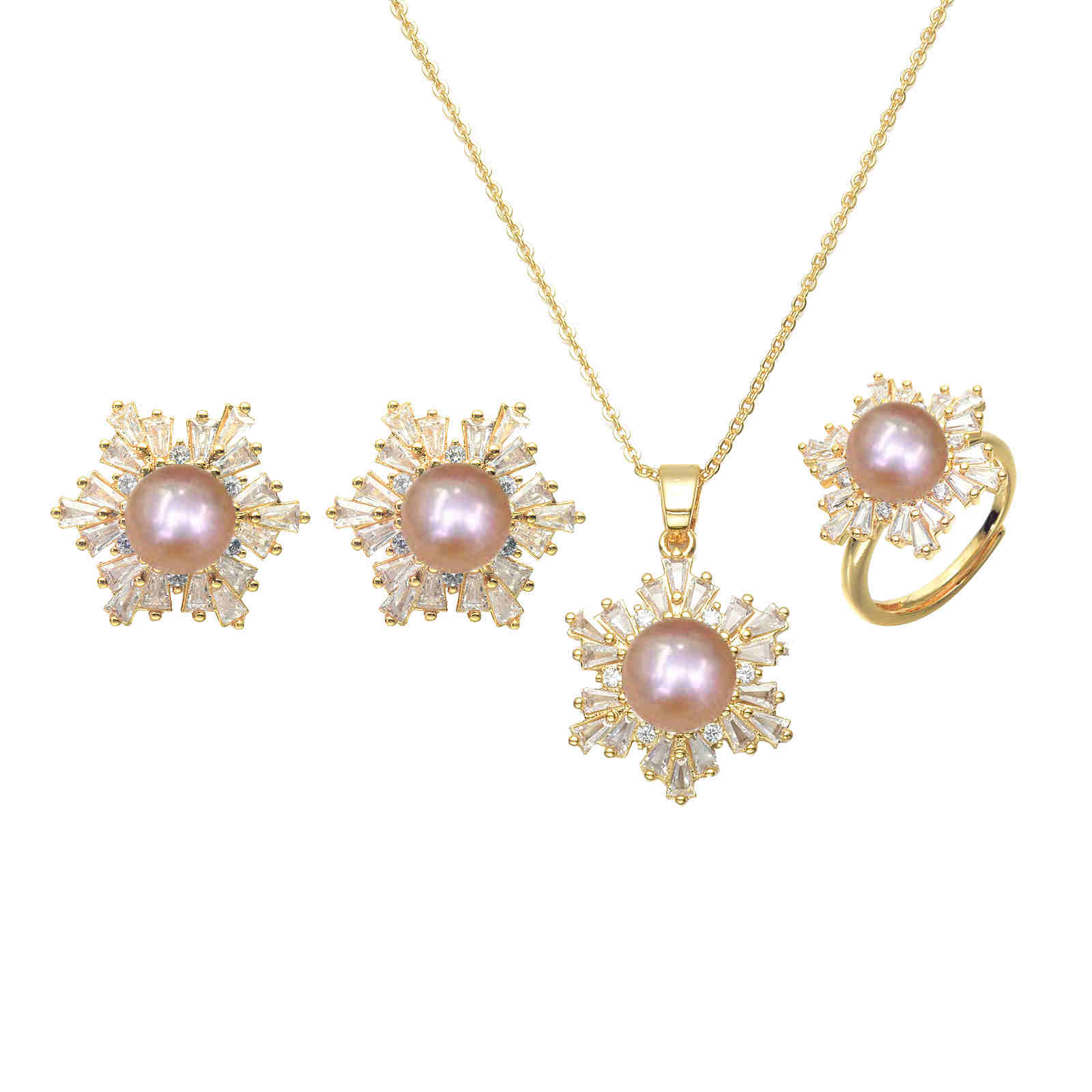 Black Green Real Pearl Jewelry Set in 6 Colors | Snowflakes Pearl Earrings Pearl Ring and Pearl Pendant | AAA Pearl Diamond Set for Women