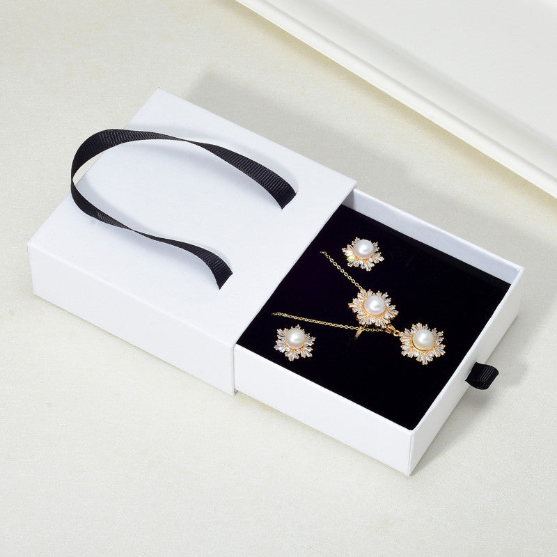 Black Green Real Pearl Jewelry Set in 6 Colors | Snowflakes Pearl Earrings Pearl Ring and Pearl Pendant | AAA Pearl Diamond Set for Women