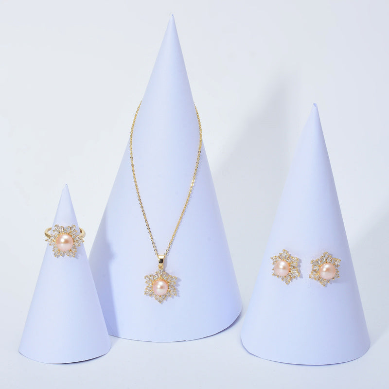 Black Green Real Pearl Jewelry Set in 6 Colors | Snowflakes Pearl Earrings Pearl Ring and Pearl Pendant | AAA Pearl Diamond Set for Women