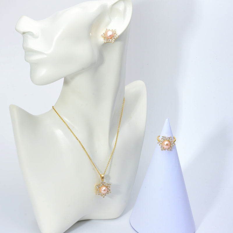 Black Green Real Pearl Jewelry Set in 6 Colors | Snowflakes Pearl Earrings Pearl Ring and Pearl Pendant | AAA Pearl Diamond Set for Women