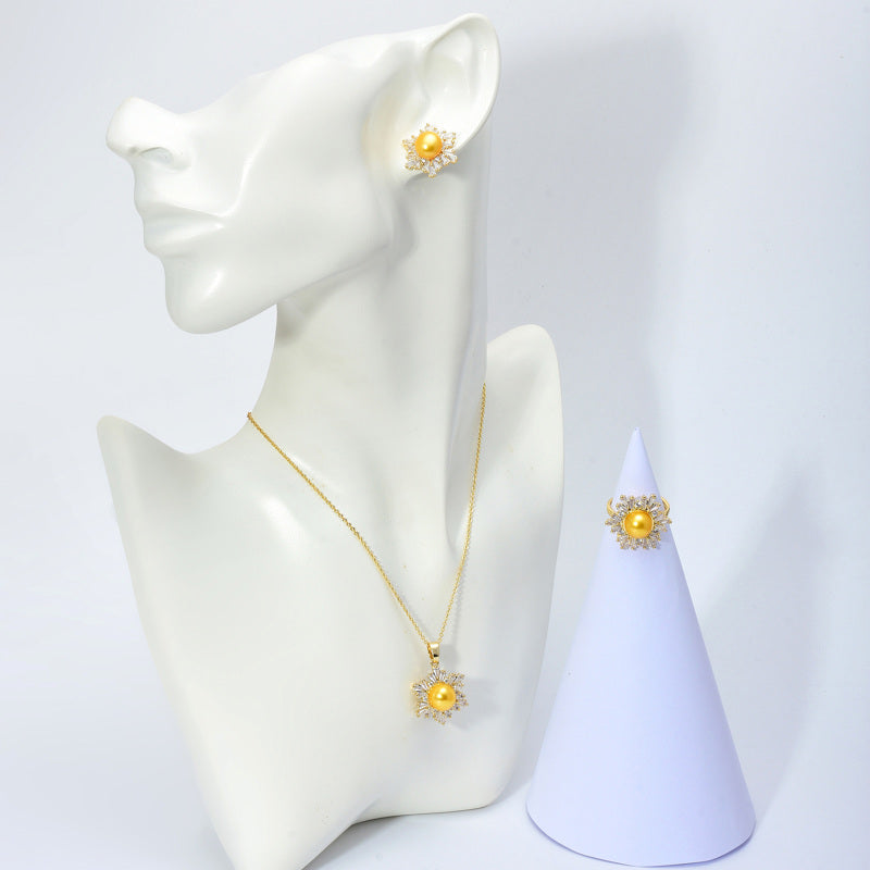 Black Green Real Pearl Jewelry Set in 6 Colors | Snowflakes Pearl Earrings Pearl Ring and Pearl Pendant | AAA Pearl Diamond Set for Women