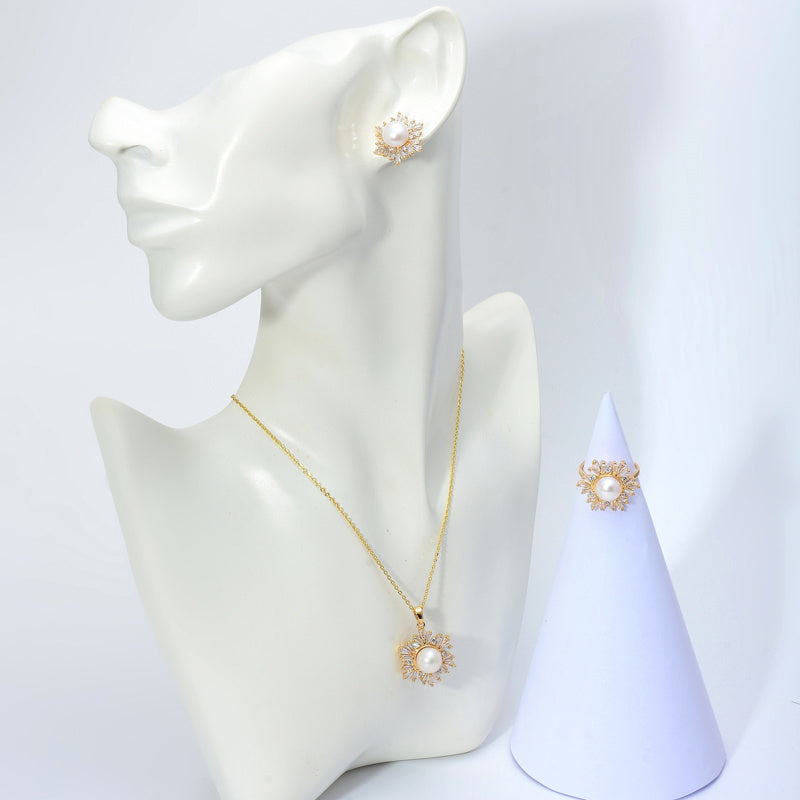 Black Green Real Pearl Jewelry Set in 6 Colors | Snowflakes Pearl Earrings Pearl Ring and Pearl Pendant | AAA Pearl Diamond Set for Women