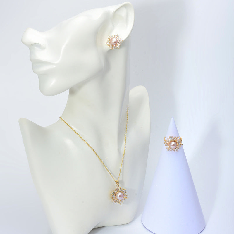 Black Green Real Pearl Jewelry Set in 6 Colors | Snowflakes Pearl Earrings Pearl Ring and Pearl Pendant | AAA Pearl Diamond Set for Women