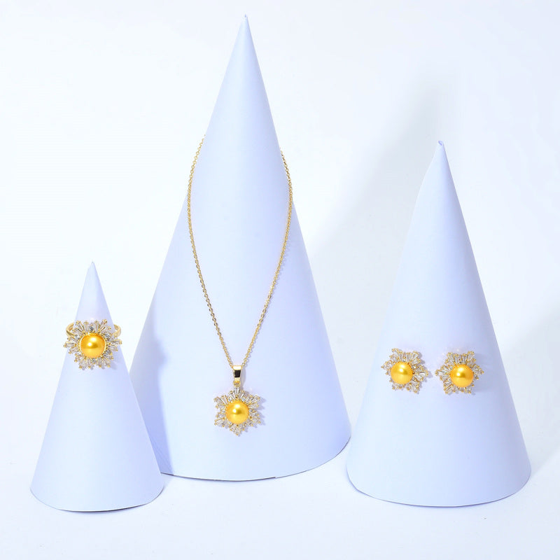 Black Green Real Pearl Jewelry Set in 6 Colors | Snowflakes Pearl Earrings Pearl Ring and Pearl Pendant | AAA Pearl Diamond Set for Women