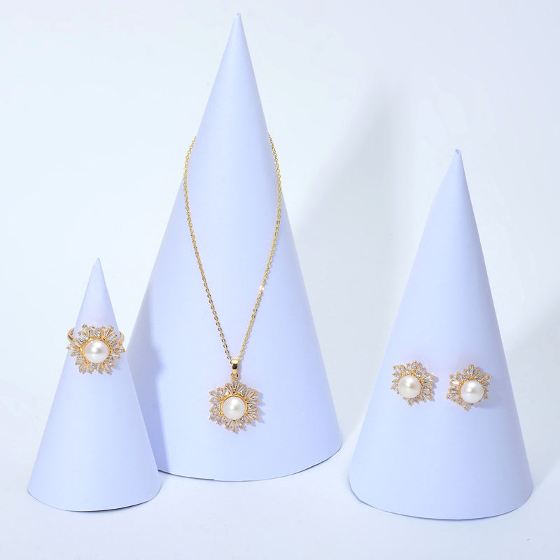 Black Green Real Pearl Jewelry Set in 6 Colors | Snowflakes Pearl Earrings Pearl Ring and Pearl Pendant | AAA Pearl Diamond Set for Women