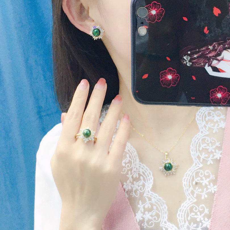 Black Green Real Pearl Jewelry Set in 6 Colors | Snowflakes Pearl Earrings Pearl Ring and Pearl Pendant | AAA Pearl Diamond Set for Women