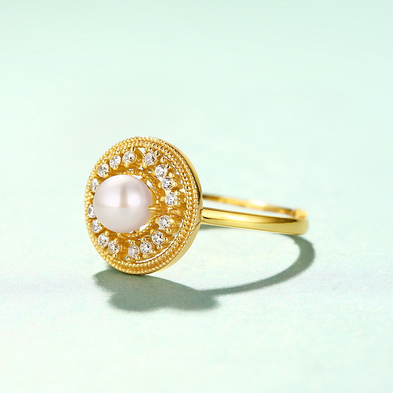 Natural Pearl Court Wind Zircon Sterling Silver Plated 18K Gold Adjustable Ring