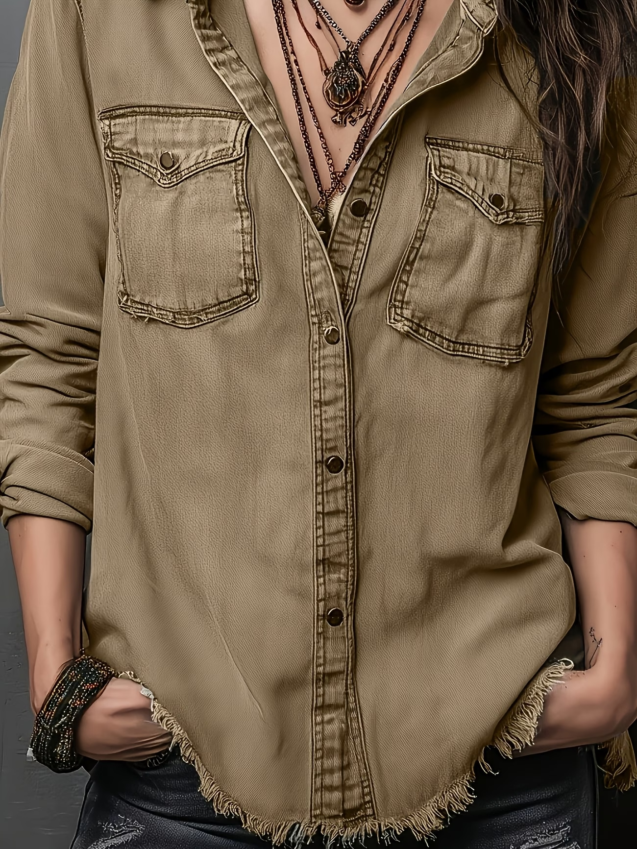 Women’s Vintage Washed Denim Shirt, Western Button Down Long Sleeve Top with Frayed Hem and Double Pockets