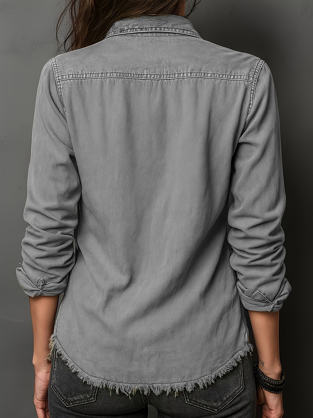 Women’s Vintage Washed Denim Shirt, Western Button Down Long Sleeve Top with Frayed Hem and Double Pockets