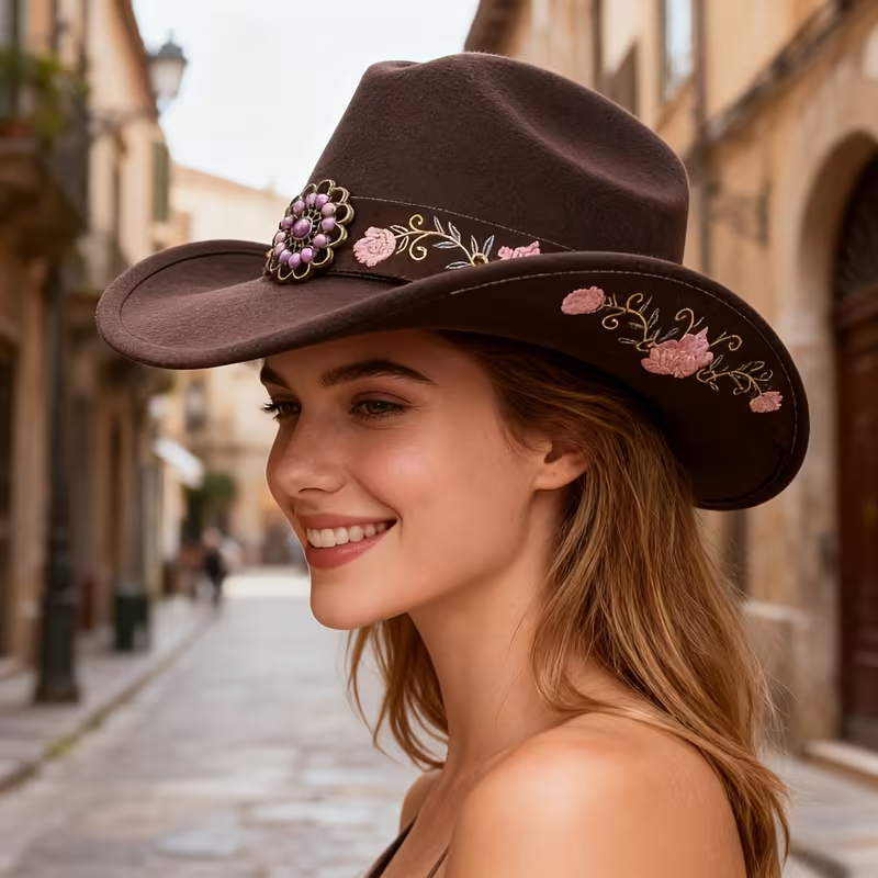 Floral Embroidered Soft Felt Cowgirl Hat with Leather Band & Pink Turquoise Concho