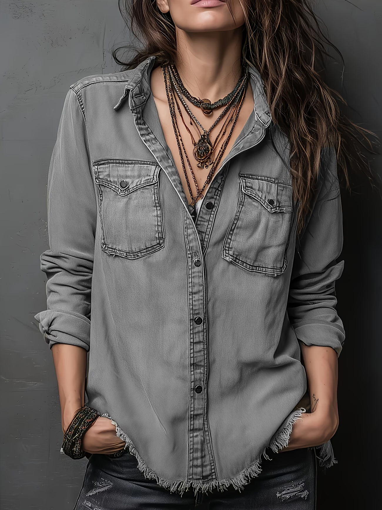 Women’s Vintage Washed Denim Shirt, Western Button Down Long Sleeve Top with Frayed Hem and Double Pockets