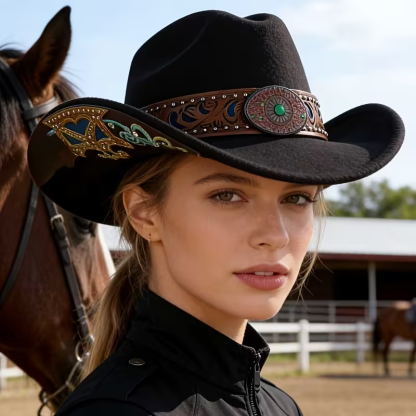 Unisex Western Cowboy Hat with Decorative Studded Band & Embroidered Wide Brim