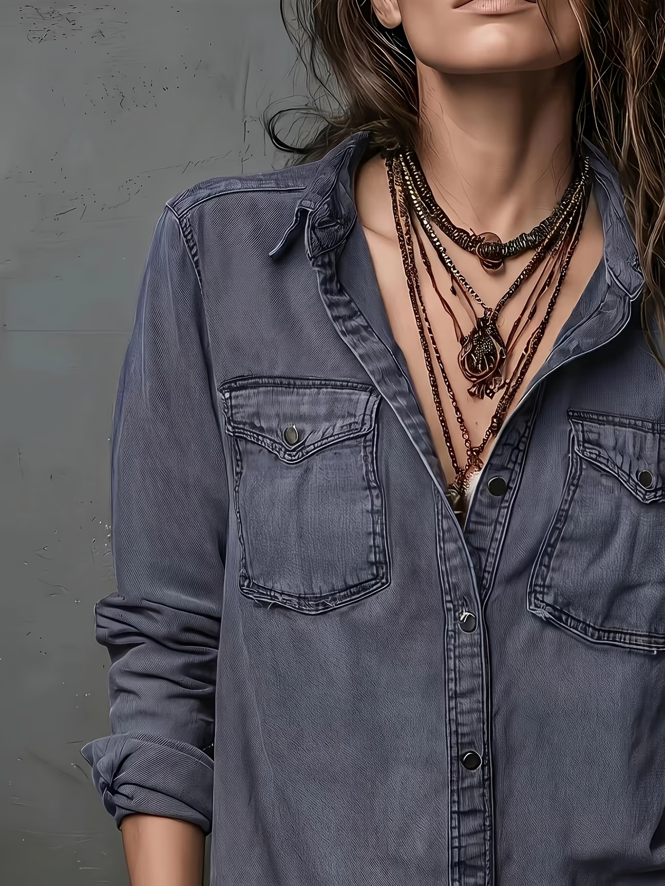 Women’s Vintage Washed Denim Shirt, Western Button Down Long Sleeve Top with Frayed Hem and Double Pockets
