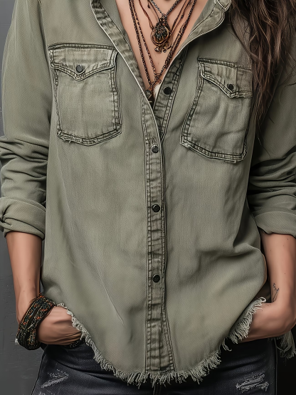 Women’s Vintage Washed Denim Shirt, Western Button Down Long Sleeve Top with Frayed Hem and Double Pockets