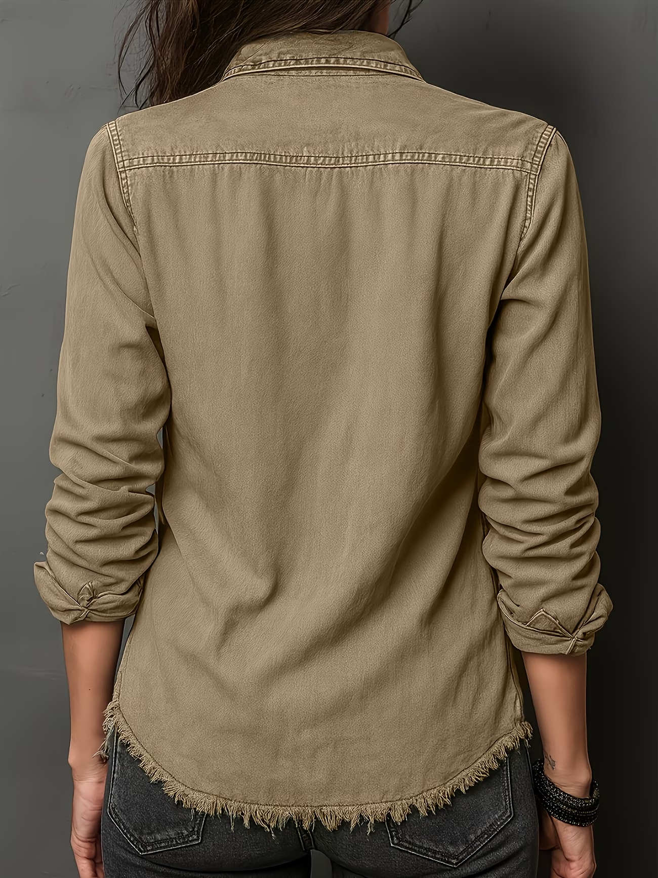Women’s Vintage Washed Denim Shirt, Western Button Down Long Sleeve Top with Frayed Hem and Double Pockets
