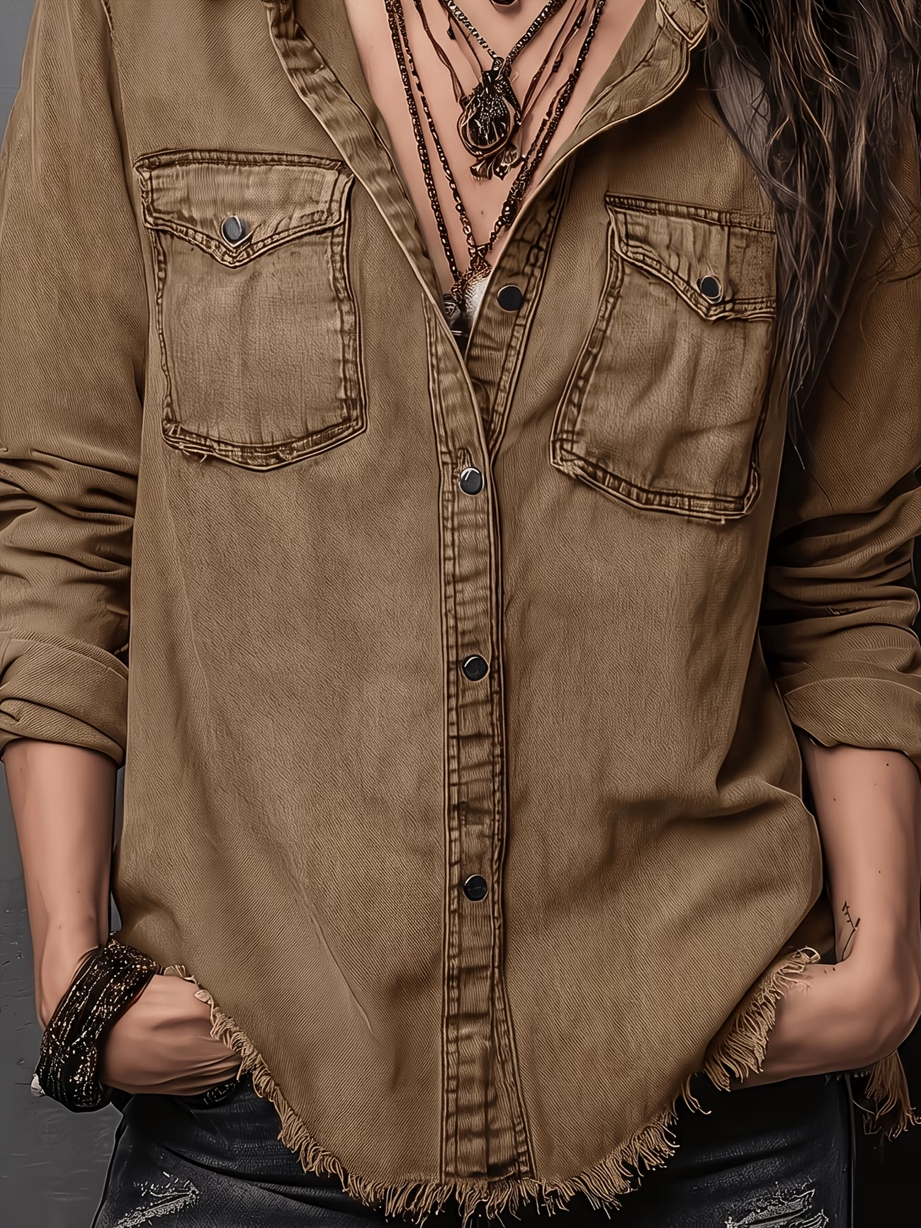 Women’s Vintage Washed Denim Shirt, Western Button Down Long Sleeve Top with Frayed Hem and Double Pockets