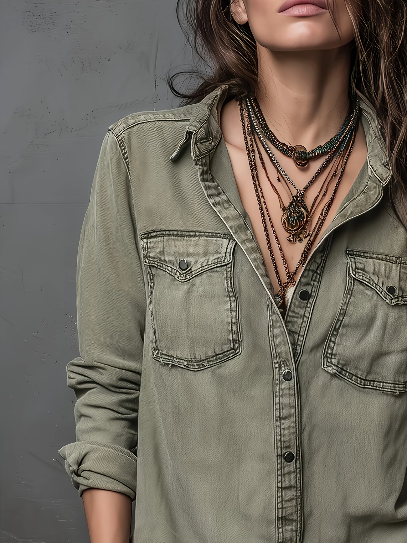 Women’s Vintage Washed Denim Shirt, Western Button Down Long Sleeve Top with Frayed Hem and Double Pockets