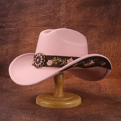 Floral Embroidered Soft Felt Cowgirl Hat with Leather Band & Pink Turquoise Concho